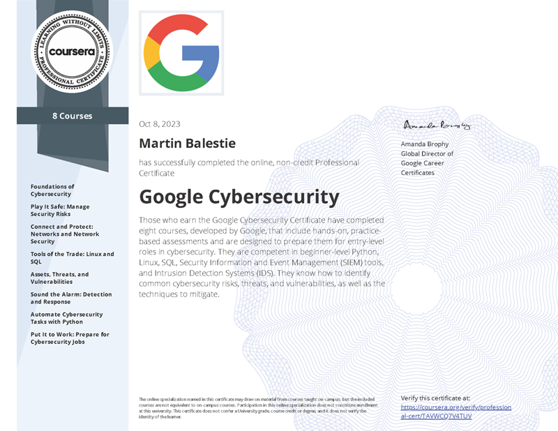 Martin Balestie Google Cybersecurity Professional Certificate